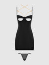 Evangeline Satin & Chain Open Cup & Back Chemise Set Black