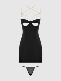 Evangeline Satin & Chain Open Cup & Back Chemise Set Black