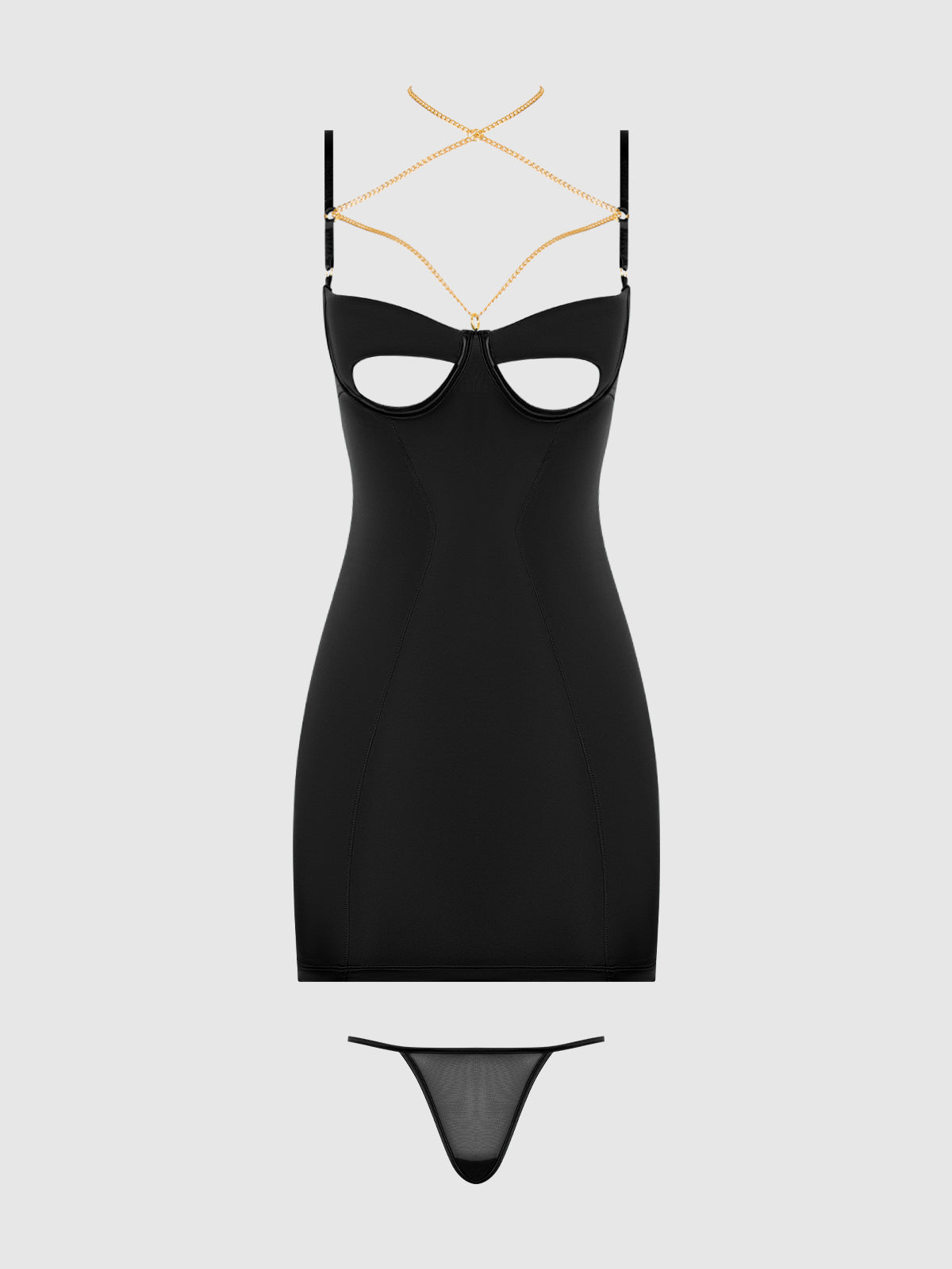 Evangeline Satin & Chain Open Cup & Back Chemise Set Black