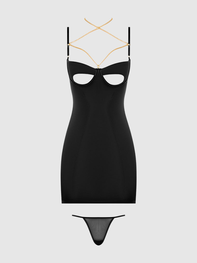 Evangeline Satin & Chain Open Cup & Back Chemise Set Black