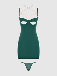 Evangeline Satin & Chain Open Cup & Back Chemise Set Emerald