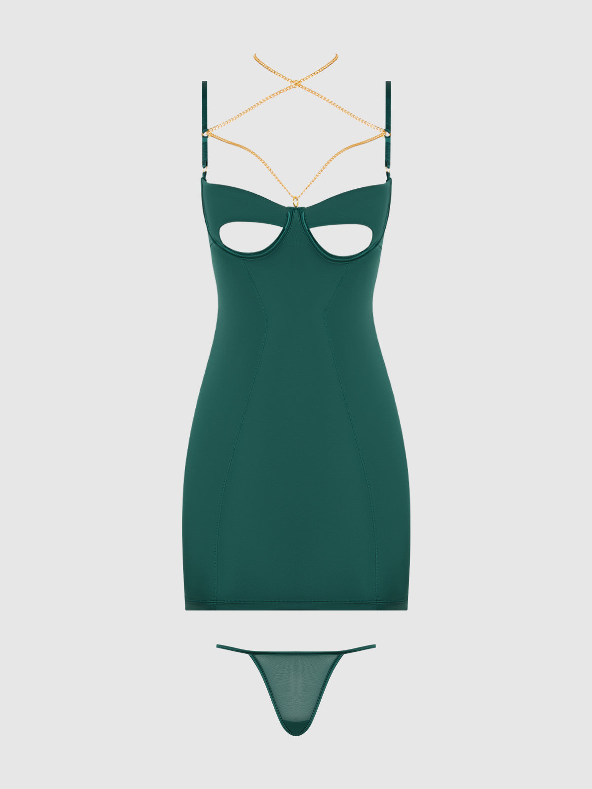 Evangeline Satin & Chain Open Cup & Back Chemise Set Emerald