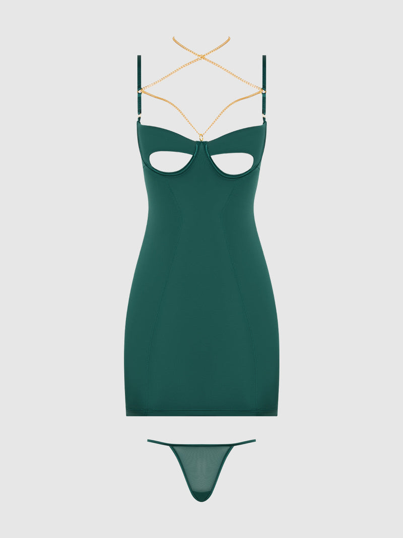 Evangeline Satin & Chain Open Cup & Back Chemise Set Emerald