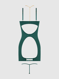 Evangeline Satin & Chain Open Cup & Back Chemise Set Emerald