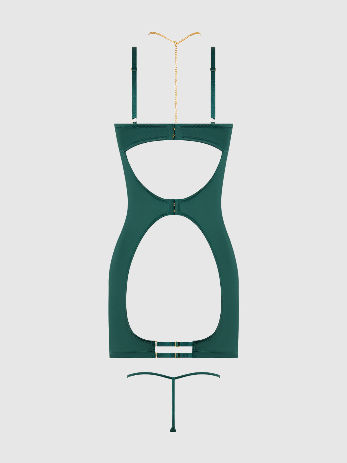 Evangeline Satin & Chain Open Cup & Back Chemise Set Emerald