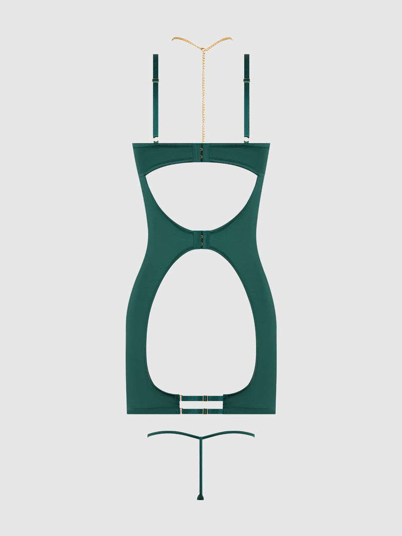 Evangeline Satin & Chain Open Cup & Back Chemise Set Emerald