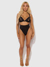 Yasmine Shine Mesh Open Cup Backless Teddy & Bra Set Black