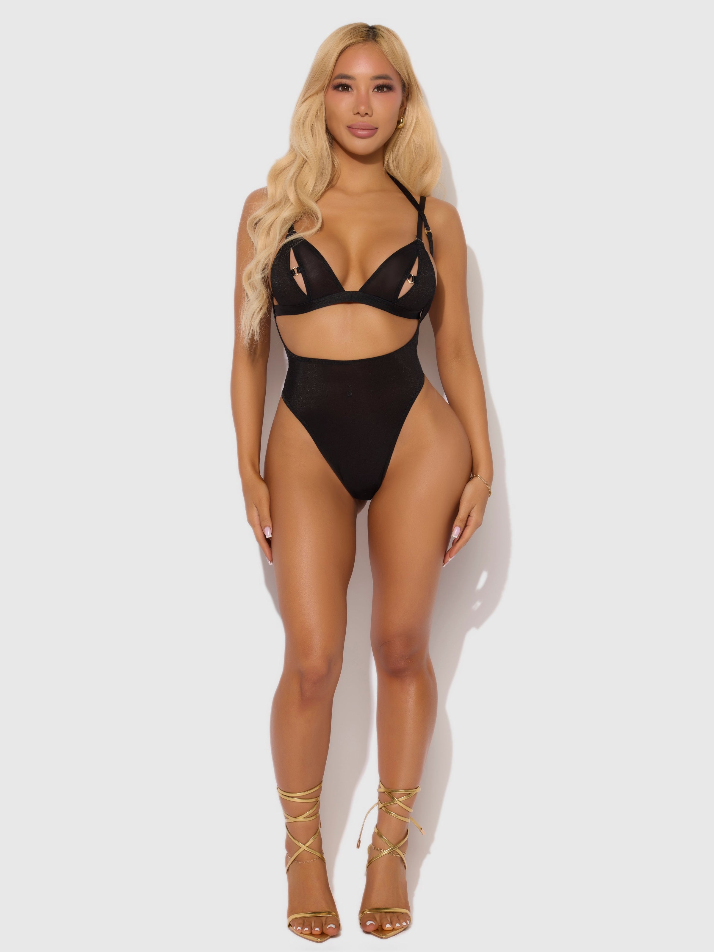 Yasmine Shine Mesh Open Cup Backless Teddy & Bra Set Black