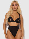 Yasmine Shine Mesh Open Cup Backless Teddy & Bra Set Black