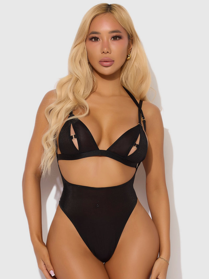 Yasmine Shine Mesh Open Cup Backless Teddy & Bra Set