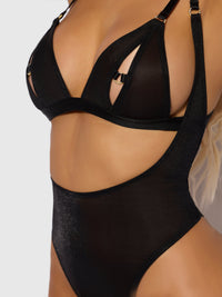 Yasmine Shine Mesh Open Cup Backless Teddy & Bra Set Black