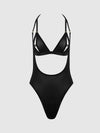Yasmine Shine Mesh Open Cup Backless Teddy & Bra Set Black