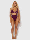 Yasmine Shine Mesh Open Cup Backless Teddy & Bra Set Plum