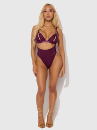 Yasmine Shine Mesh Open Cup Backless Teddy & Bra Set Plum