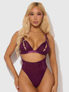 Yasmine Shine Mesh Open Cup Backless Teddy & Bra Set Plum
