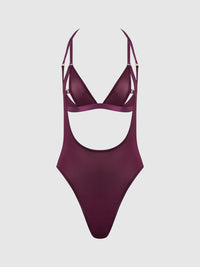 Yasmine Shine Mesh Open Cup Backless Teddy & Bra Set Plum