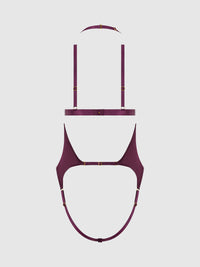 Yasmine Shine Mesh Open Cup Backless Teddy & Bra Set Plum