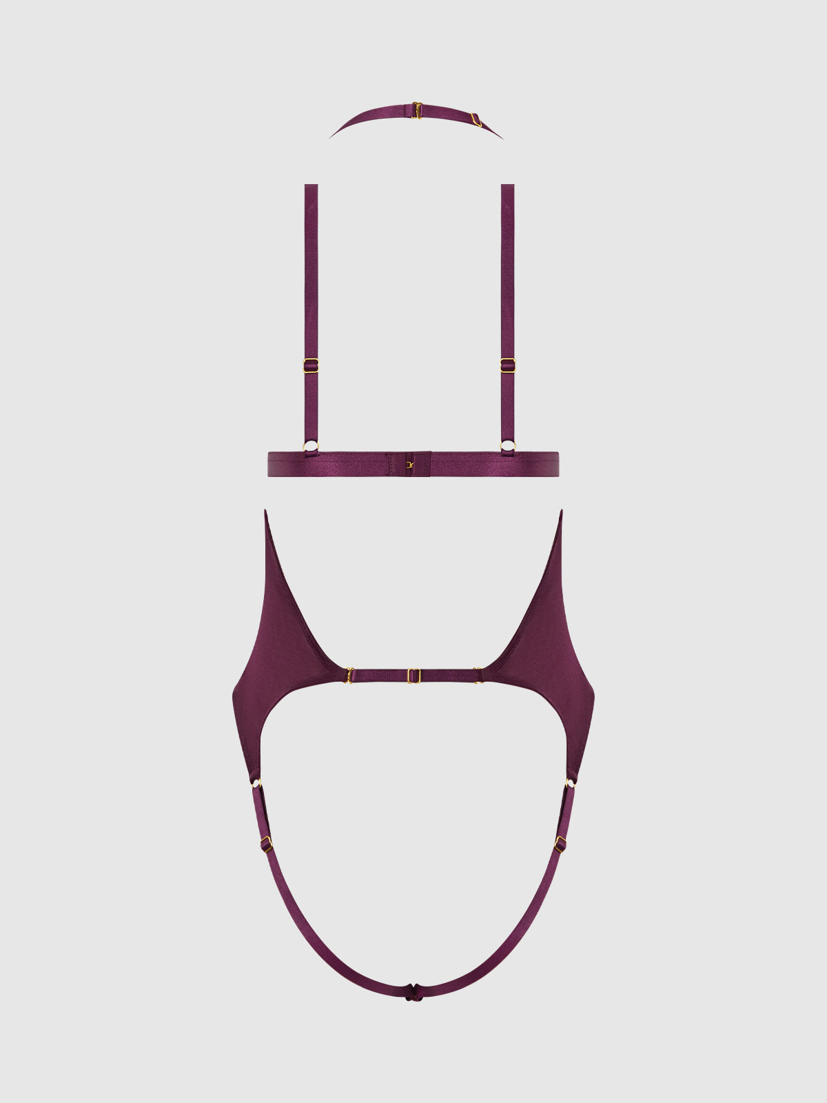 Yasmine Shine Mesh Open Cup Backless Teddy & Bra Set Plum