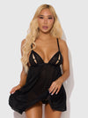 Yasmine Shine Mesh O-Ring Open Cup Babydoll Set Black