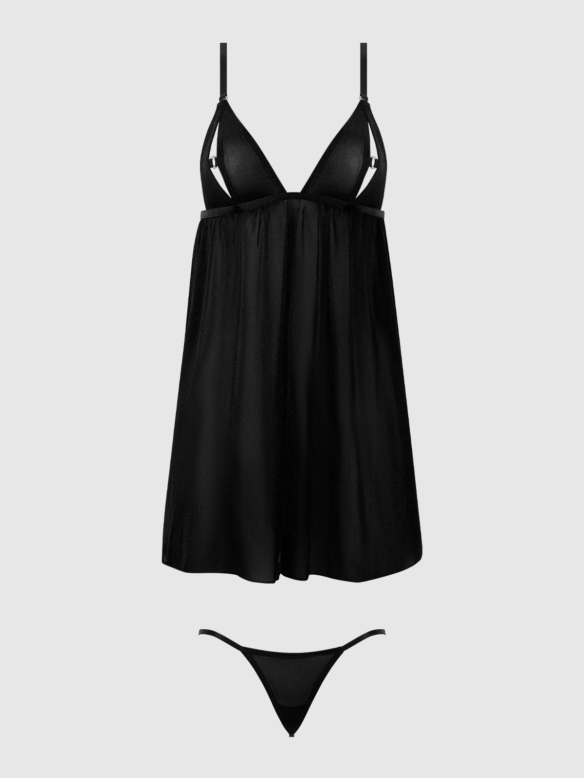Yasmine Shine Mesh O-Ring Open Cup Babydoll Set Black