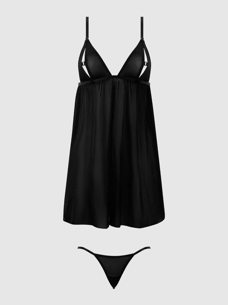 Yasmine Shine Mesh O-Ring Open Cup Babydoll Set Black