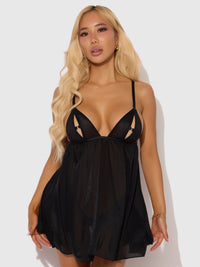 Yasmine Shine Mesh O-Ring Open Cup Babydoll Set Black