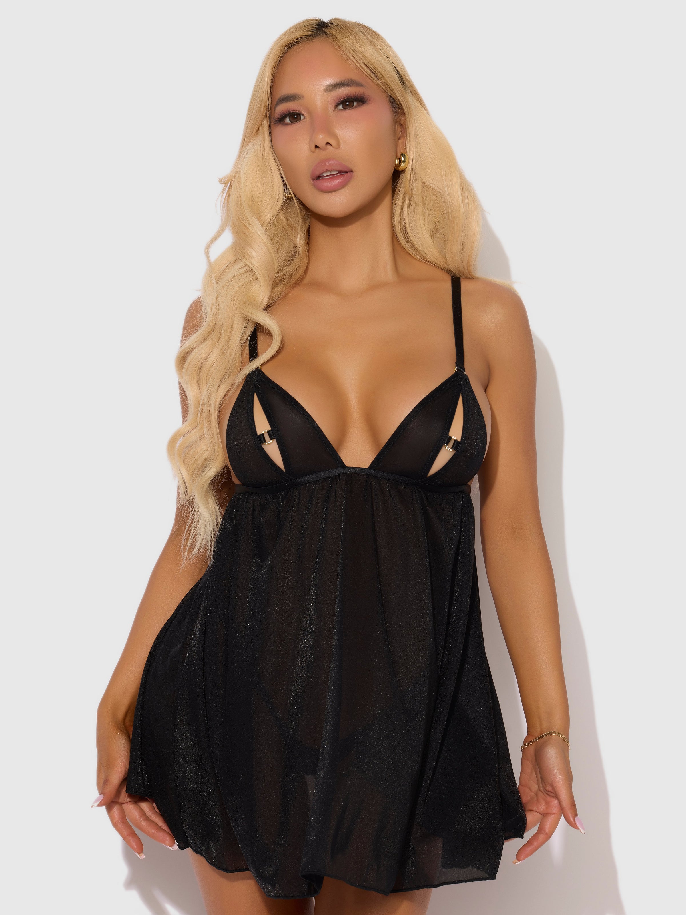 Yasmine Shine Mesh O-Ring Open Cup Babydoll Set Black