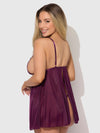 Yasmine Shine Mesh O-Ring Open Cup Babydoll Set Plum