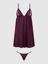 Yasmine Shine Mesh O-Ring Open Cup Babydoll Set Plum