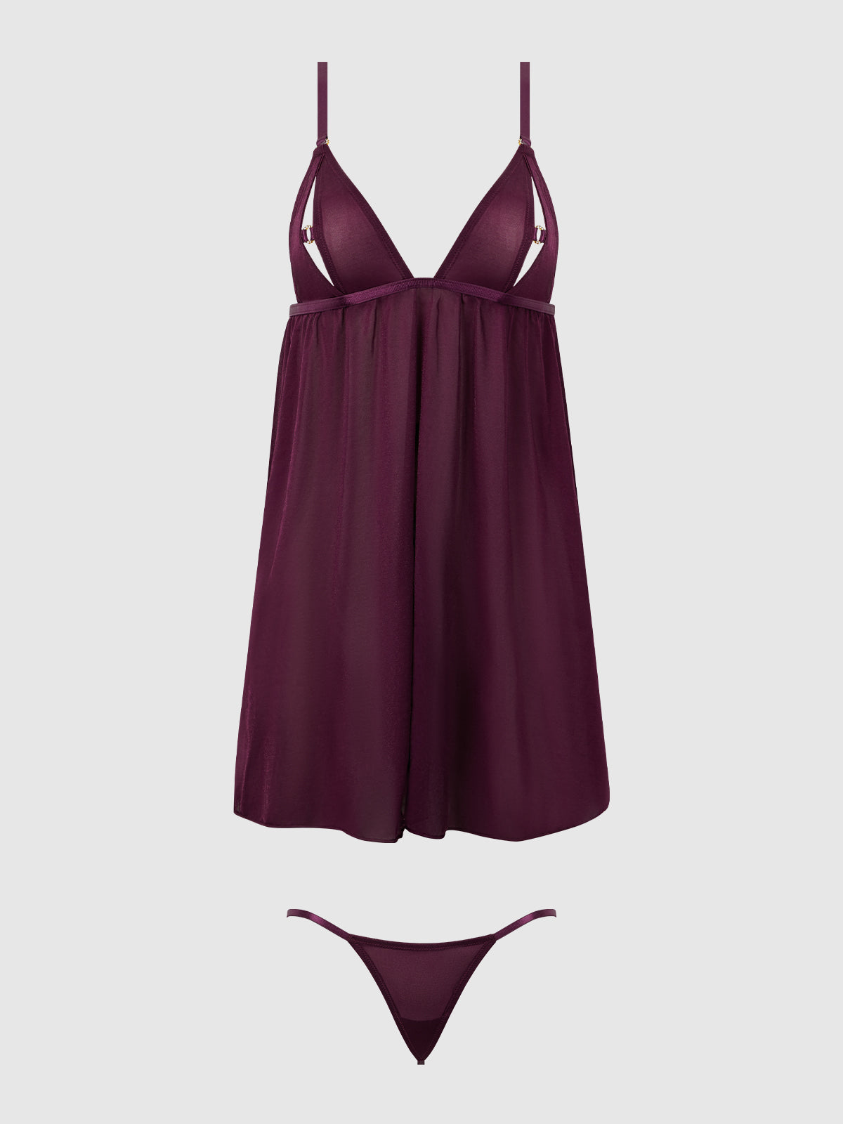 Yasmine Shine Mesh O-Ring Open Cup Babydoll Set Plum