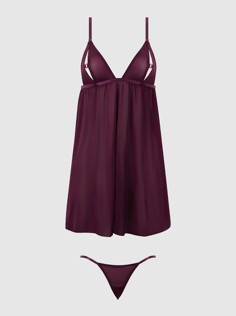 Yasmine Shine Mesh O-Ring Open Cup Babydoll Set Plum