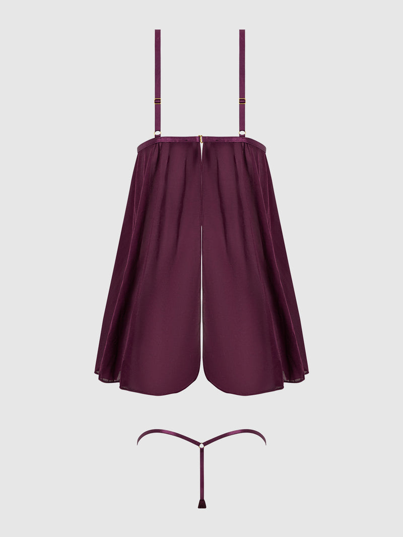 Yasmine Shine Mesh O-Ring Open Cup Babydoll Set Plum