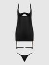 Yasmine Shine Mesh O-Ring Thigh Garter Chemise Set Black