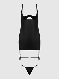 Yasmine Shine Mesh O-Ring Thigh Garter Chemise Set Black