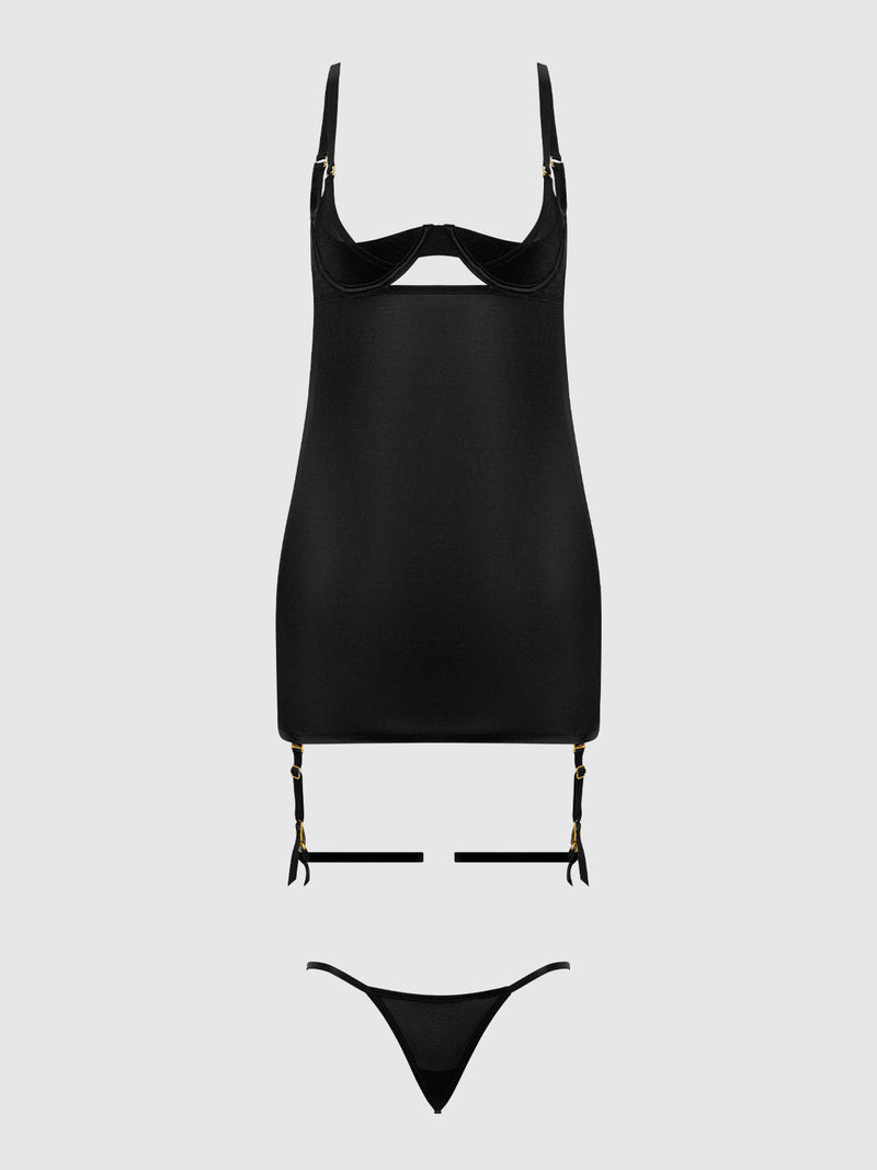 Yasmine Shine Mesh O-Ring Thigh Garter Chemise Set Black