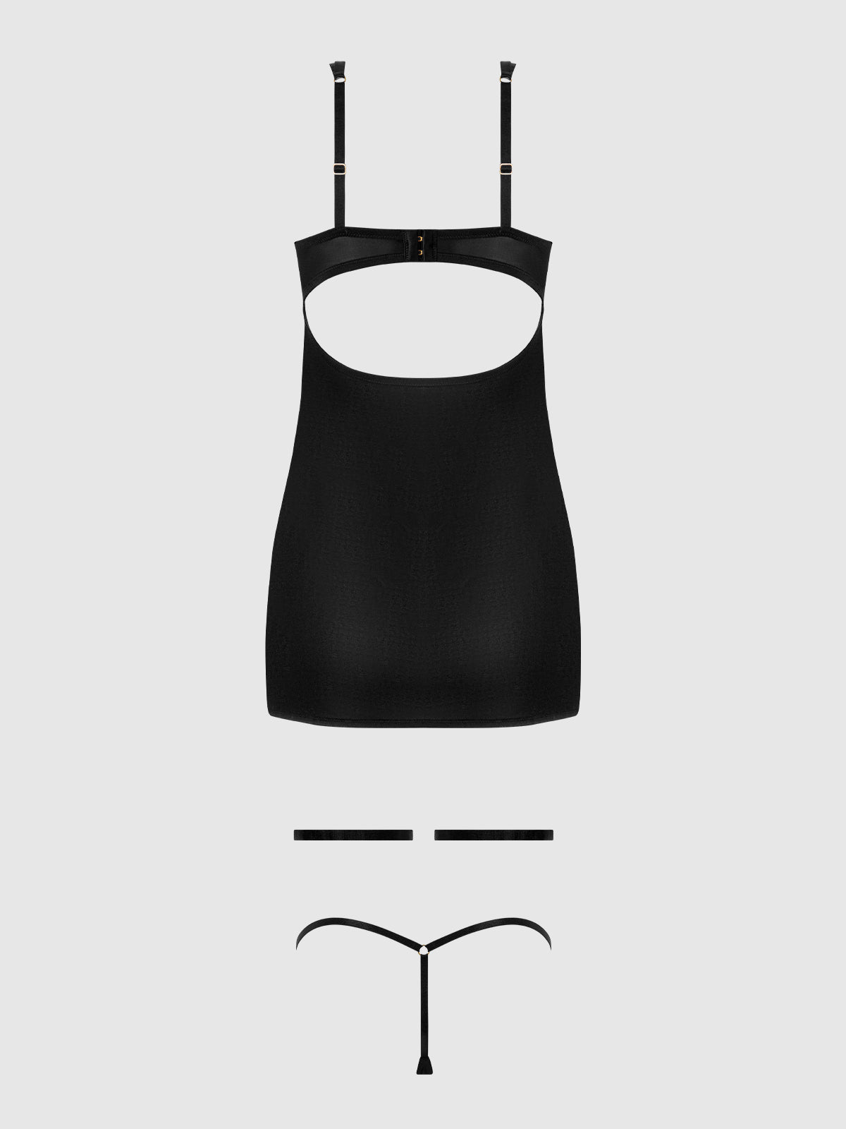 Yasmine Shine Mesh O-Ring Thigh Garter Chemise Set Black