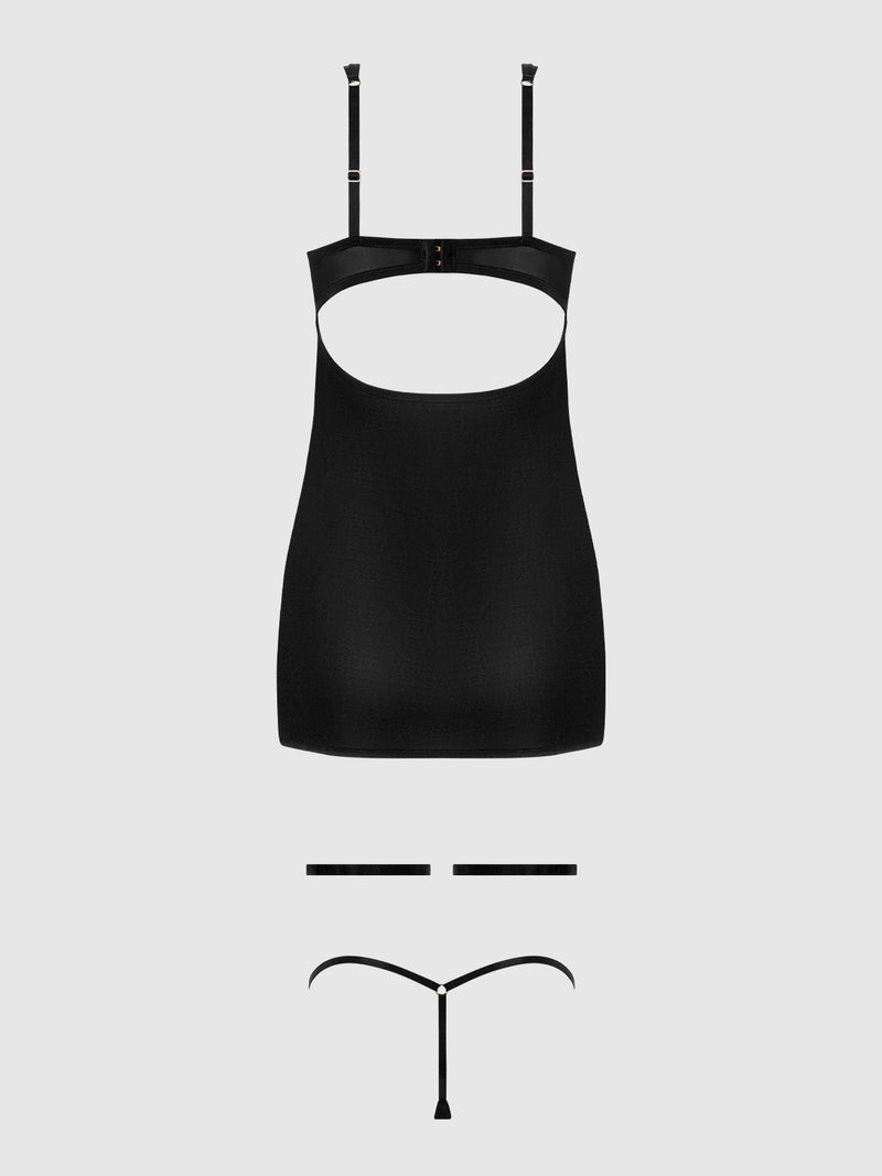 Yasmine Shine Mesh O-Ring Thigh Garter Chemise Set Black