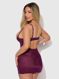 Yasmine Shine Mesh O-Ring Thigh Garter Chemise Set Plum