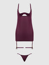 Yasmine Shine Mesh O-Ring Thigh Garter Chemise Set Plum