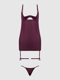 Yasmine Shine Mesh O-Ring Thigh Garter Chemise Set Plum