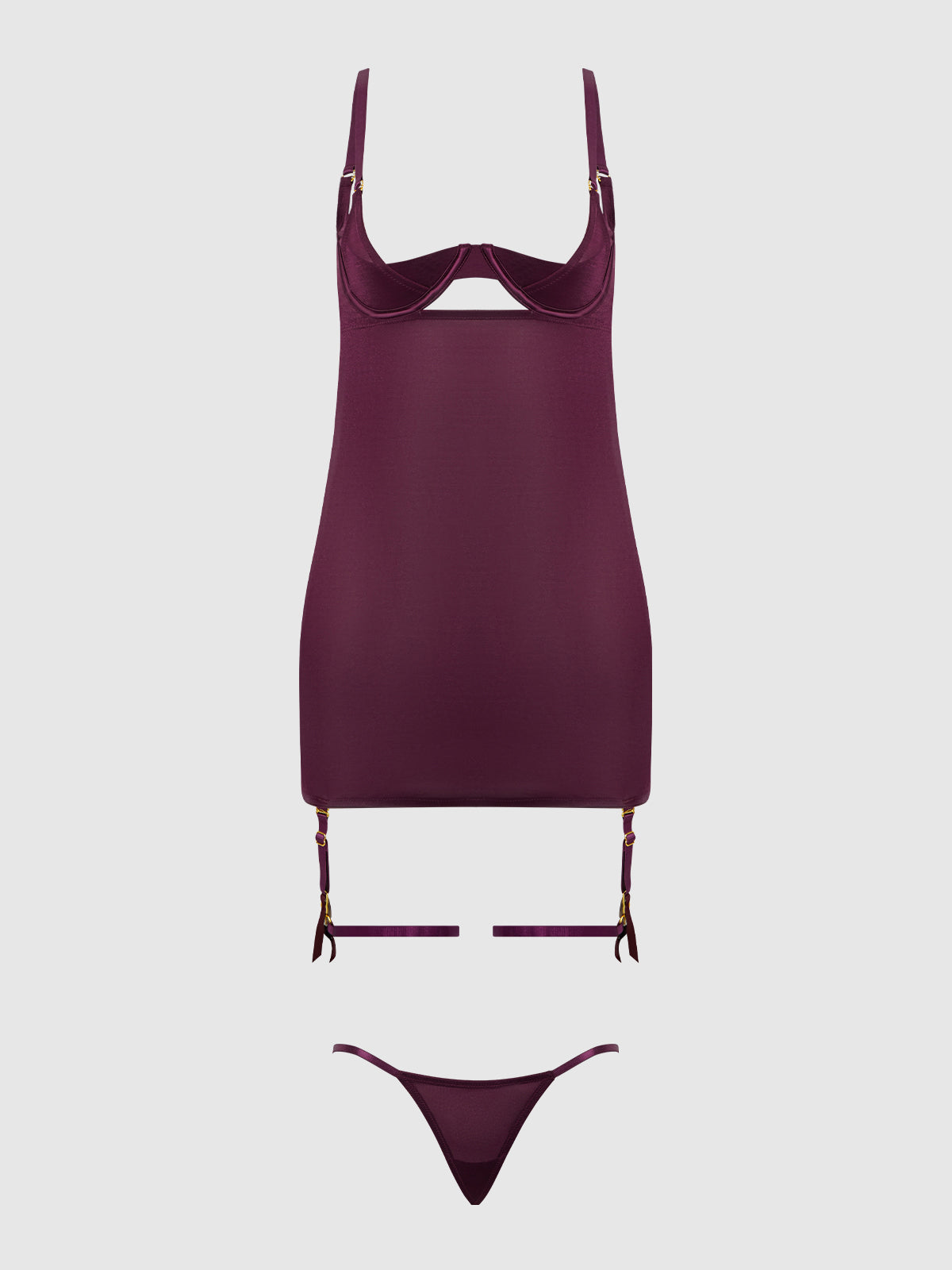 Yasmine Shine Mesh O-Ring Thigh Garter Chemise Set Plum