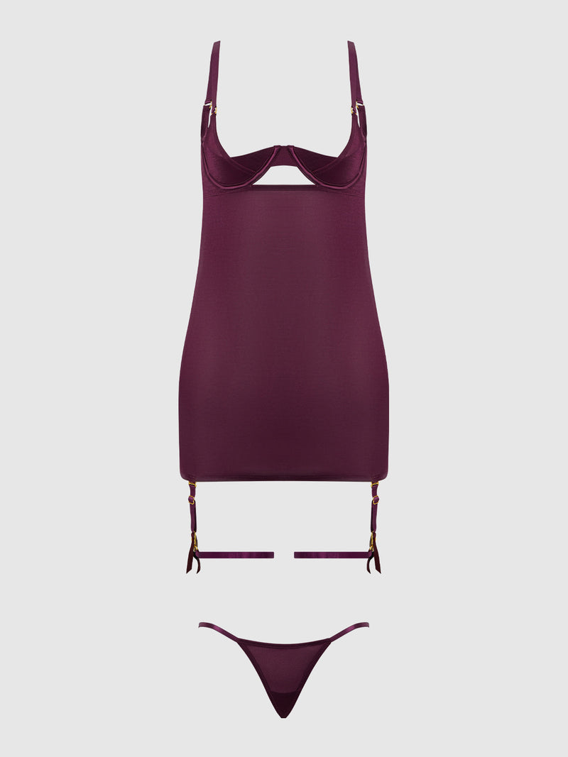 Yasmine Shine Mesh O-Ring Thigh Garter Chemise Set Plum