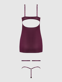 Yasmine Shine Mesh O-Ring Thigh Garter Chemise Set Plum