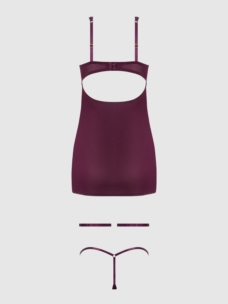 Yasmine Shine Mesh O-Ring Thigh Garter Chemise Set Plum