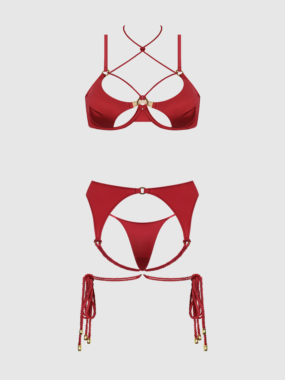 Iryna Silky Micro & Rope Bra Set Crimson Red