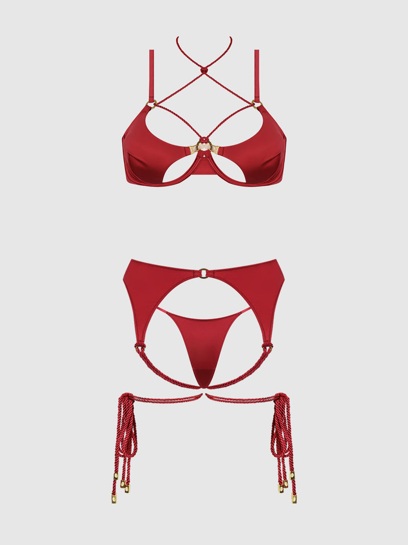Iryna Silky Micro & Rope Bra Set Crimson Red
