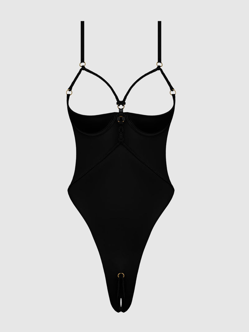 Iryna Silky Micro & Rope Crotchless Teddy Black