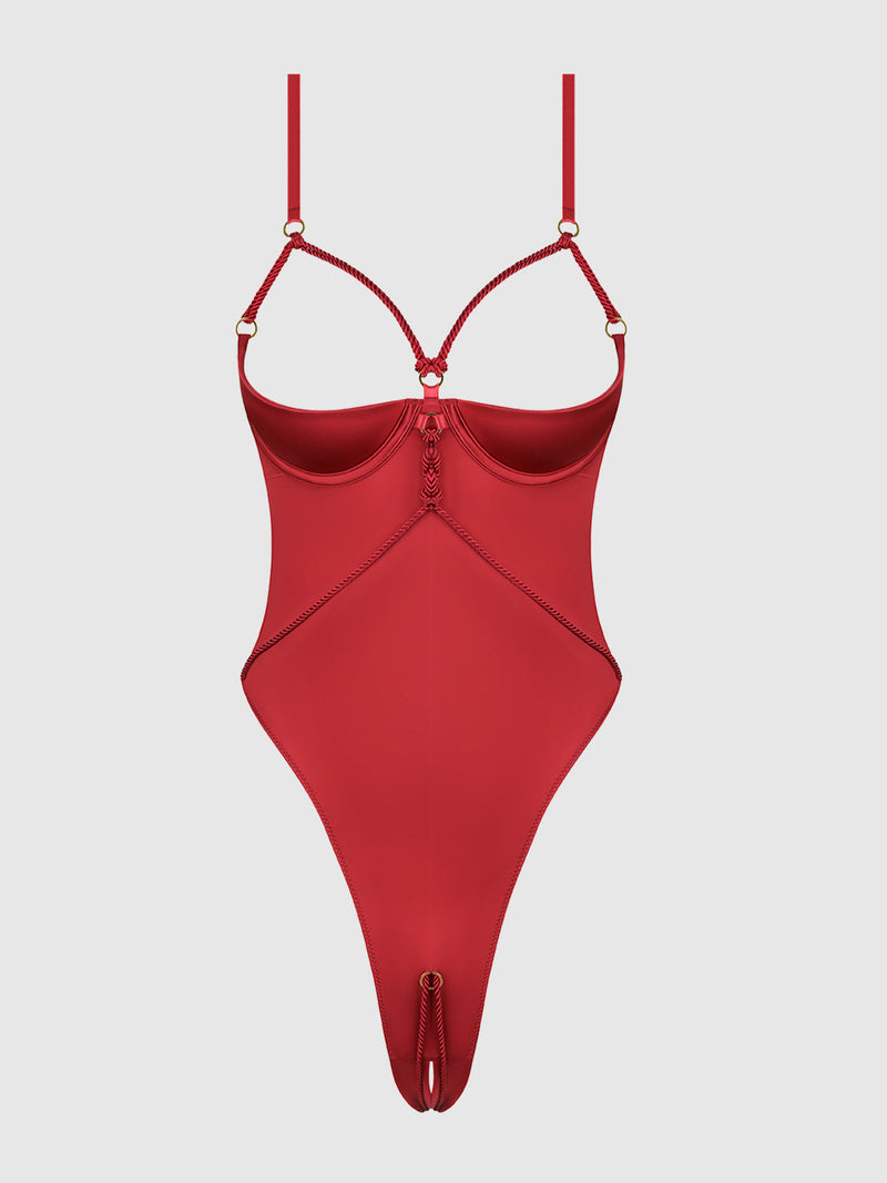 Iryna Silky Micro & Rope Crotchless Teddy Crimson Red
