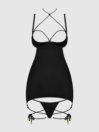 Iryna Silky Micro & Rope Open Back Chemise Set Black