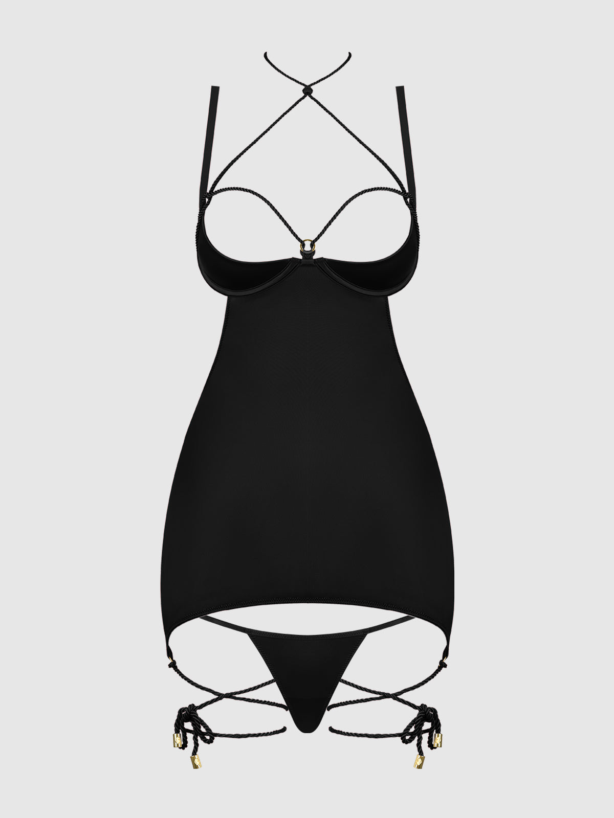 Iryna Silky Micro & Rope Open Back Chemise Set Black